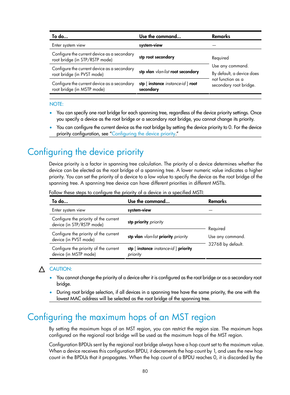 Configuring the device priority, Configuring the maximum hops of an mst region | H3C Technologies H3C S10500 Series Switches User Manual | Page 91 / 251