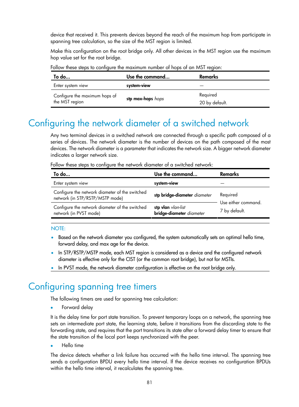 Configuring spanning tree timers | H3C Technologies H3C S10500 Series Switches User Manual | Page 92 / 251