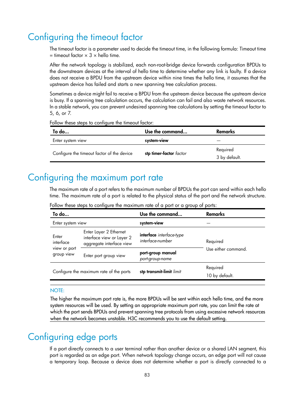 Configuring the timeout factor, Configuring the maximum port rate, Configuring edge ports | H3C Technologies H3C S10500 Series Switches User Manual | Page 94 / 251