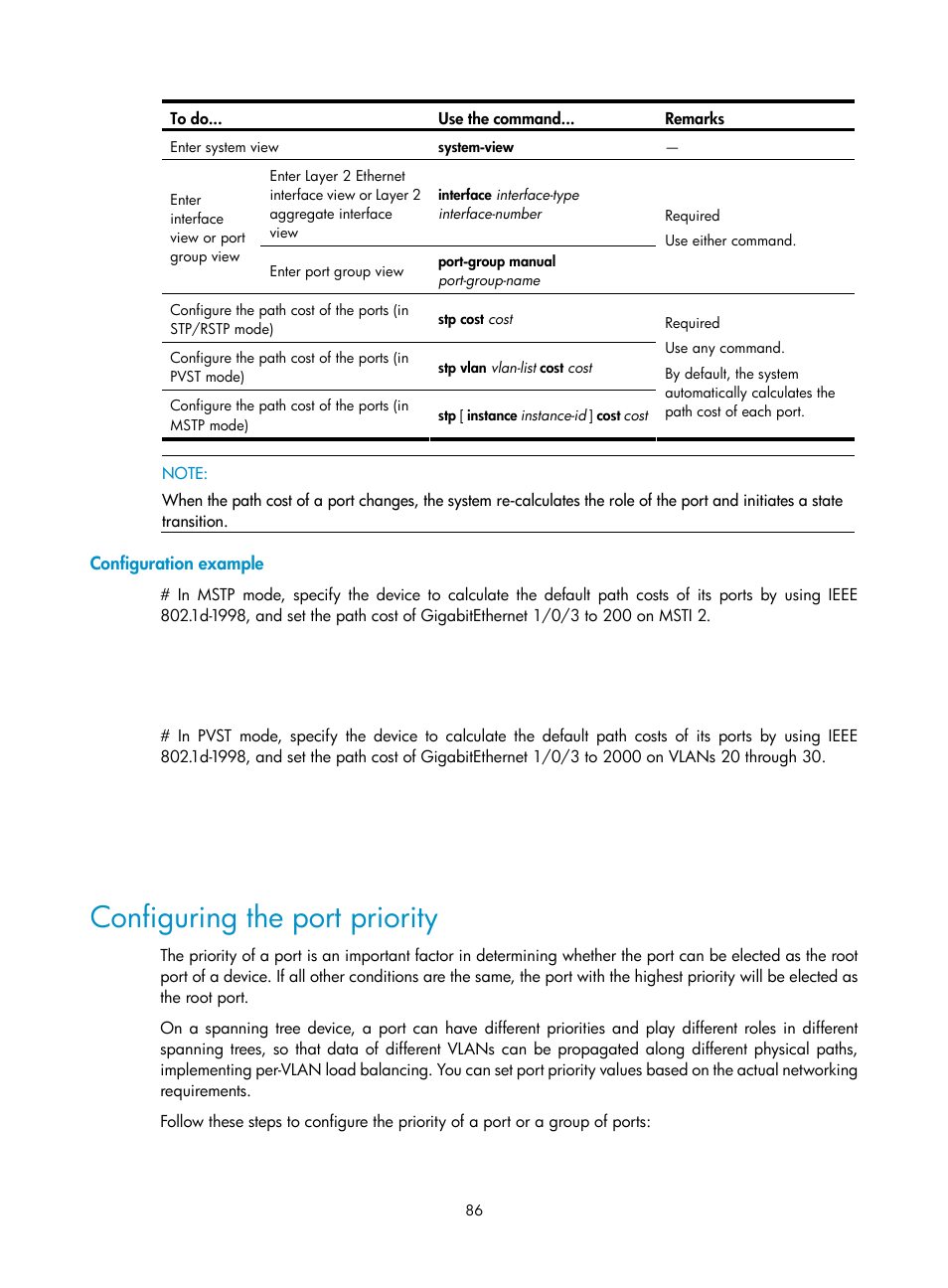 Configuration example, Configuring the port priority | H3C Technologies H3C S10500 Series Switches User Manual | Page 97 / 251