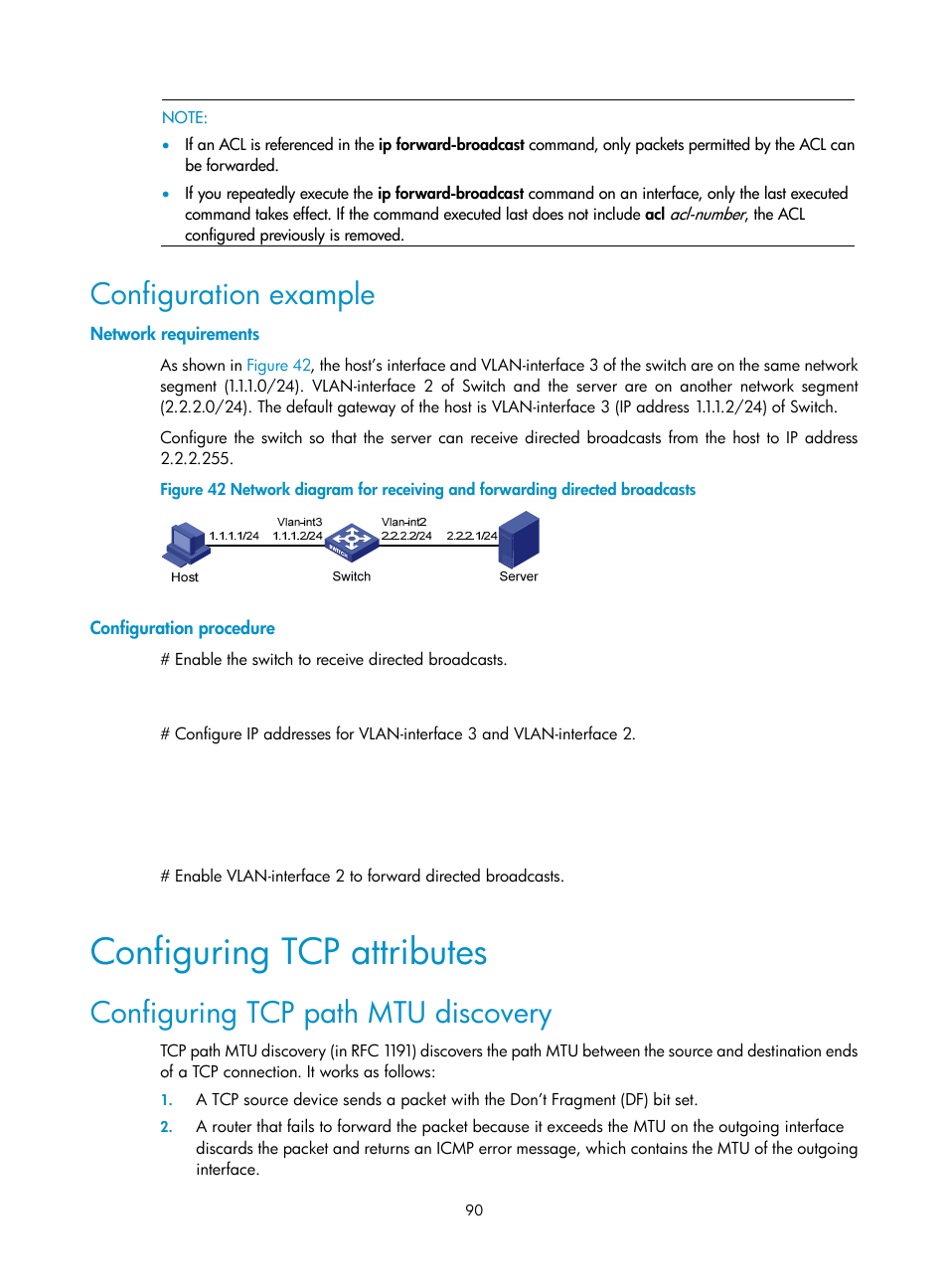 Configuration example, Network requirements, Configuration procedure | Configuring tcp attributes, Configuring tcp path mtu discovery | H3C Technologies H3C S10500 Series Switches User Manual | Page 101 / 208