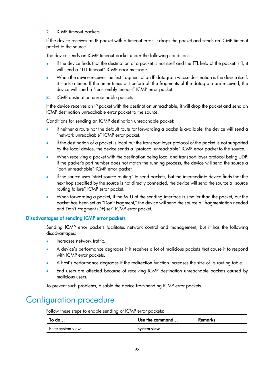 Disadvantages of sending icmp error packets, Configuration procedure | H3C Technologies H3C S10500 Series Switches User Manual | Page 104 / 208