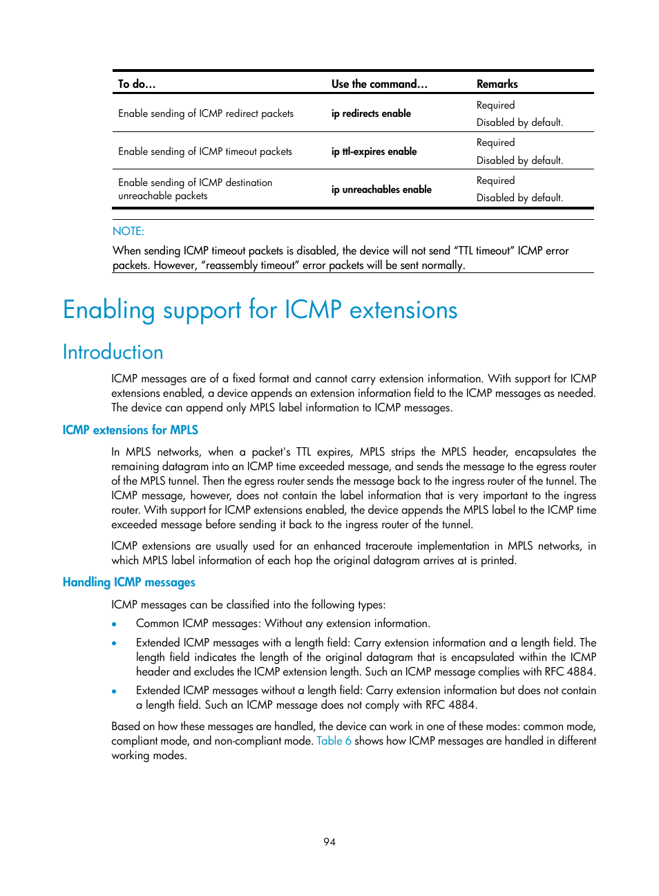 Enabling support for icmp extensions, Introduction, Icmp extensions for mpls | Handling icmp messages | H3C Technologies H3C S10500 Series Switches User Manual | Page 105 / 208