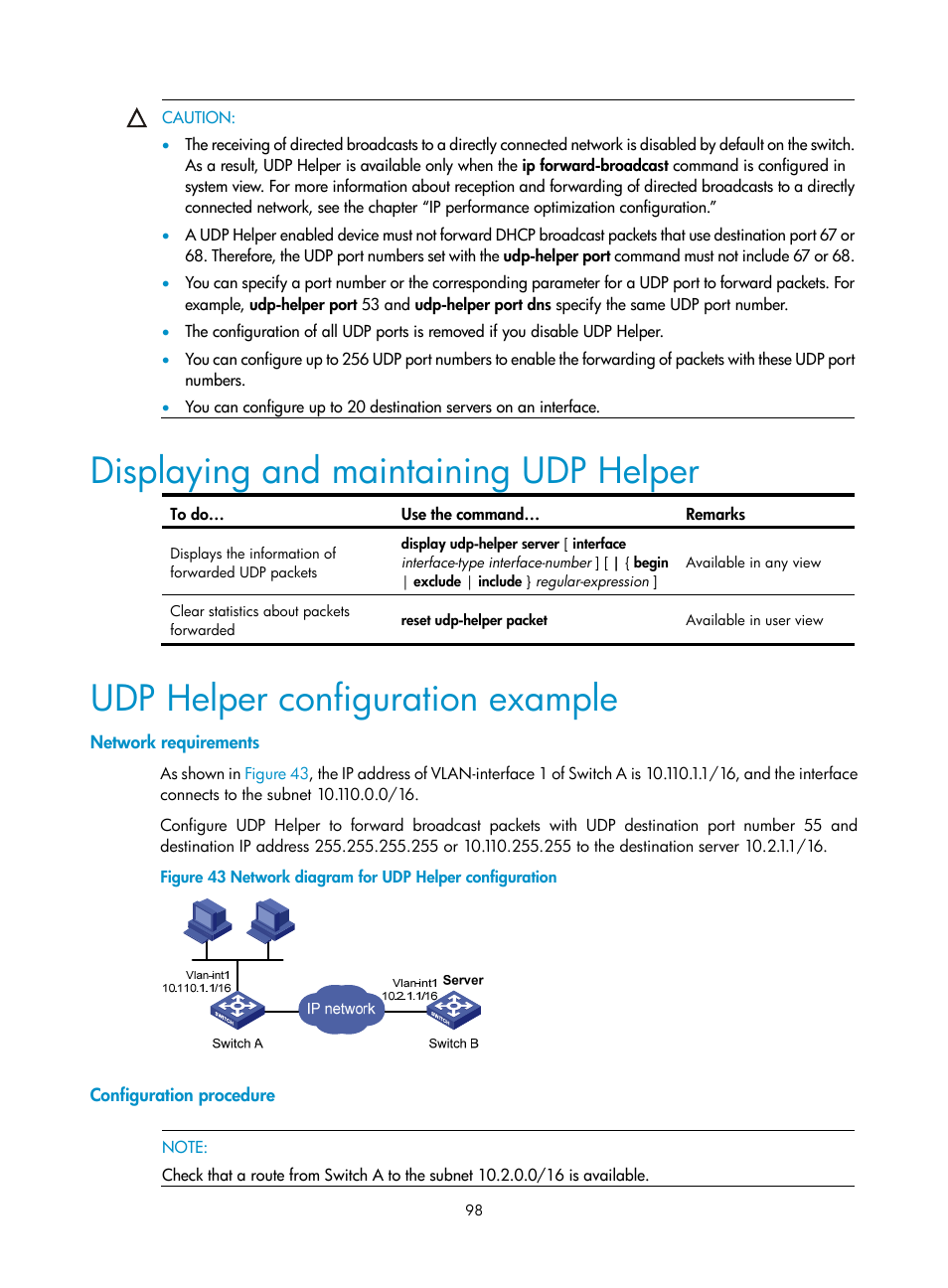 Displaying and maintaining udp helper, Udp helper configuration example, Network requirements | Configuration procedure | H3C Technologies H3C S10500 Series Switches User Manual | Page 109 / 208