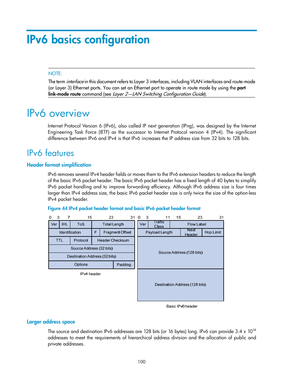 Ipv6 basics configuration, Ipv6 overview, Ipv6 features | Header format simplification, Larger address space | H3C Technologies H3C S10500 Series Switches User Manual | Page 111 / 208