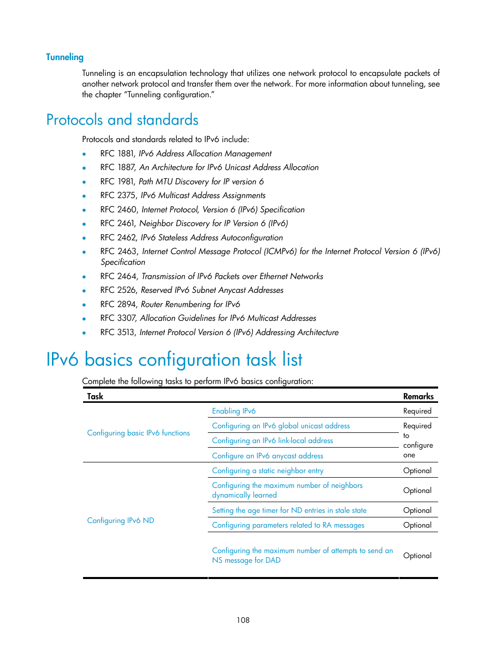 Tunneling, Protocols and standards, Ipv6 basics configuration task list | H3C Technologies H3C S10500 Series Switches User Manual | Page 119 / 208