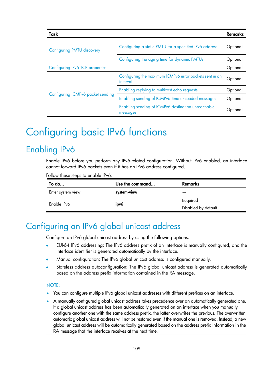 Configuring basic ipv6 functions, Enabling ipv6, Configuring an ipv6 global unicast address | H3C Technologies H3C S10500 Series Switches User Manual | Page 120 / 208