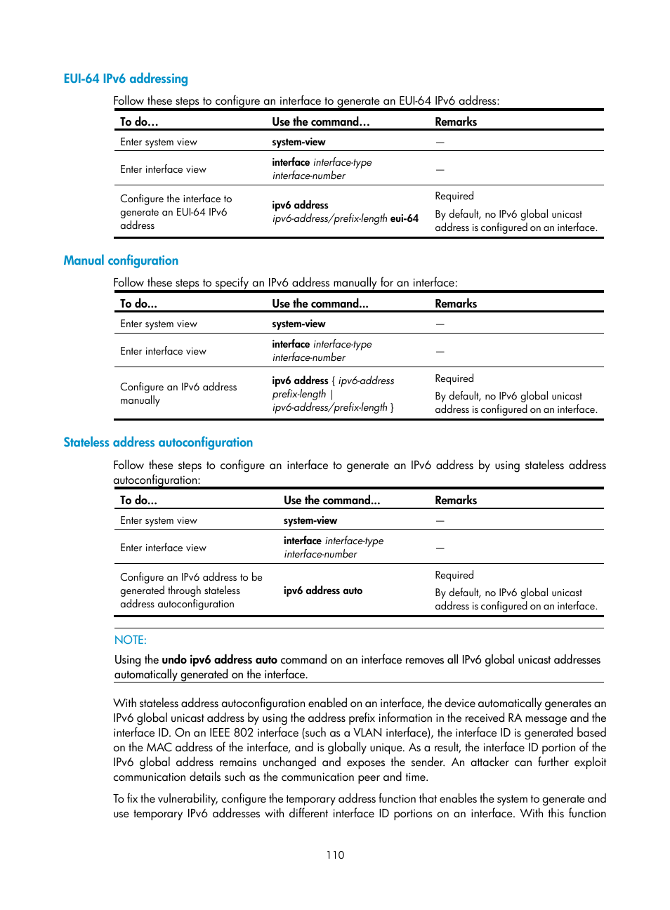 Eui-64 ipv6 addressing, Manual configuration, Stateless address autoconfiguration | H3C Technologies H3C S10500 Series Switches User Manual | Page 121 / 208