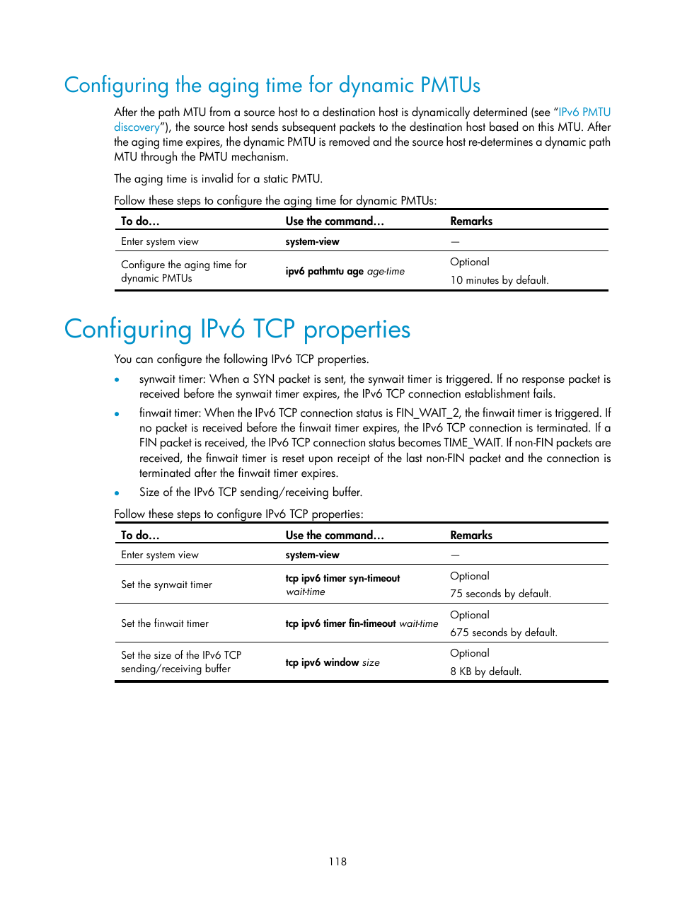 Configuring the aging time for dynamic pmtus, Configuring ipv6 tcp properties | H3C Technologies H3C S10500 Series Switches User Manual | Page 129 / 208