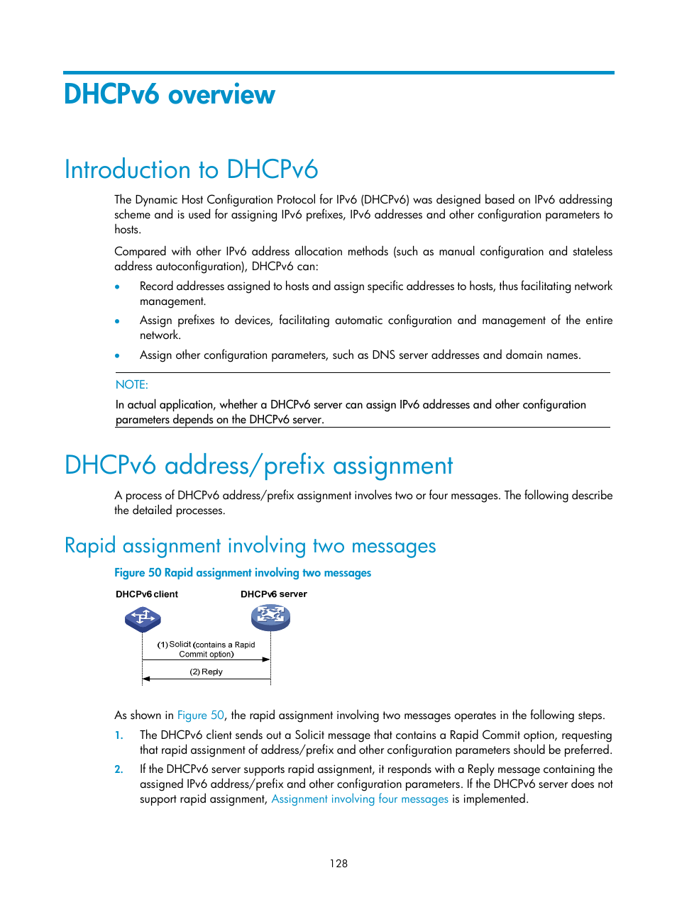 Dhcpv6 overview, Introduction to dhcpv6, Dhcpv6 address/prefix assignment | Rapid assignment involving two messages | H3C Technologies H3C S10500 Series Switches User Manual | Page 139 / 208