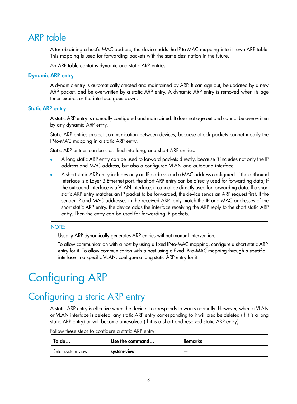 Arp table, Dynamic arp entry, Static arp entry | Configuring arp, Configuring a static arp entry | H3C Technologies H3C S10500 Series Switches User Manual | Page 14 / 208