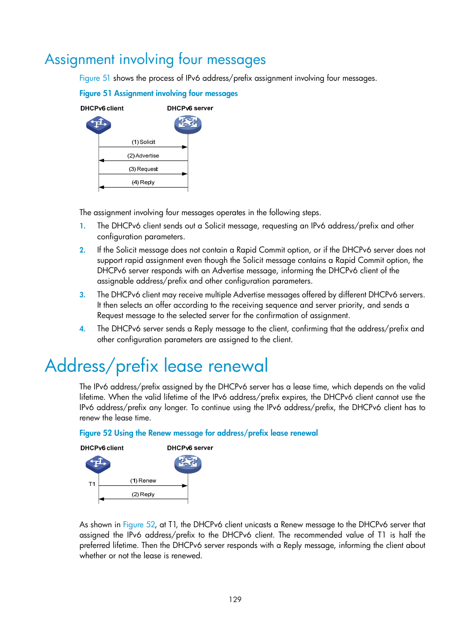 Assignment involving four messages, Address/prefix lease renewal | H3C Technologies H3C S10500 Series Switches User Manual | Page 140 / 208