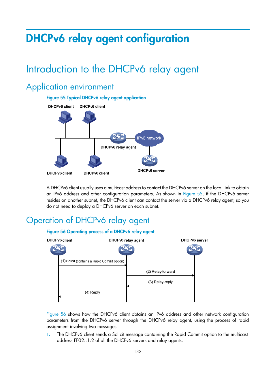 Dhcpv6 relay agent configuration, Introduction to the dhcpv6 relay agent, Application environment | Operation of dhcpv6 relay agent | H3C Technologies H3C S10500 Series Switches User Manual | Page 143 / 208