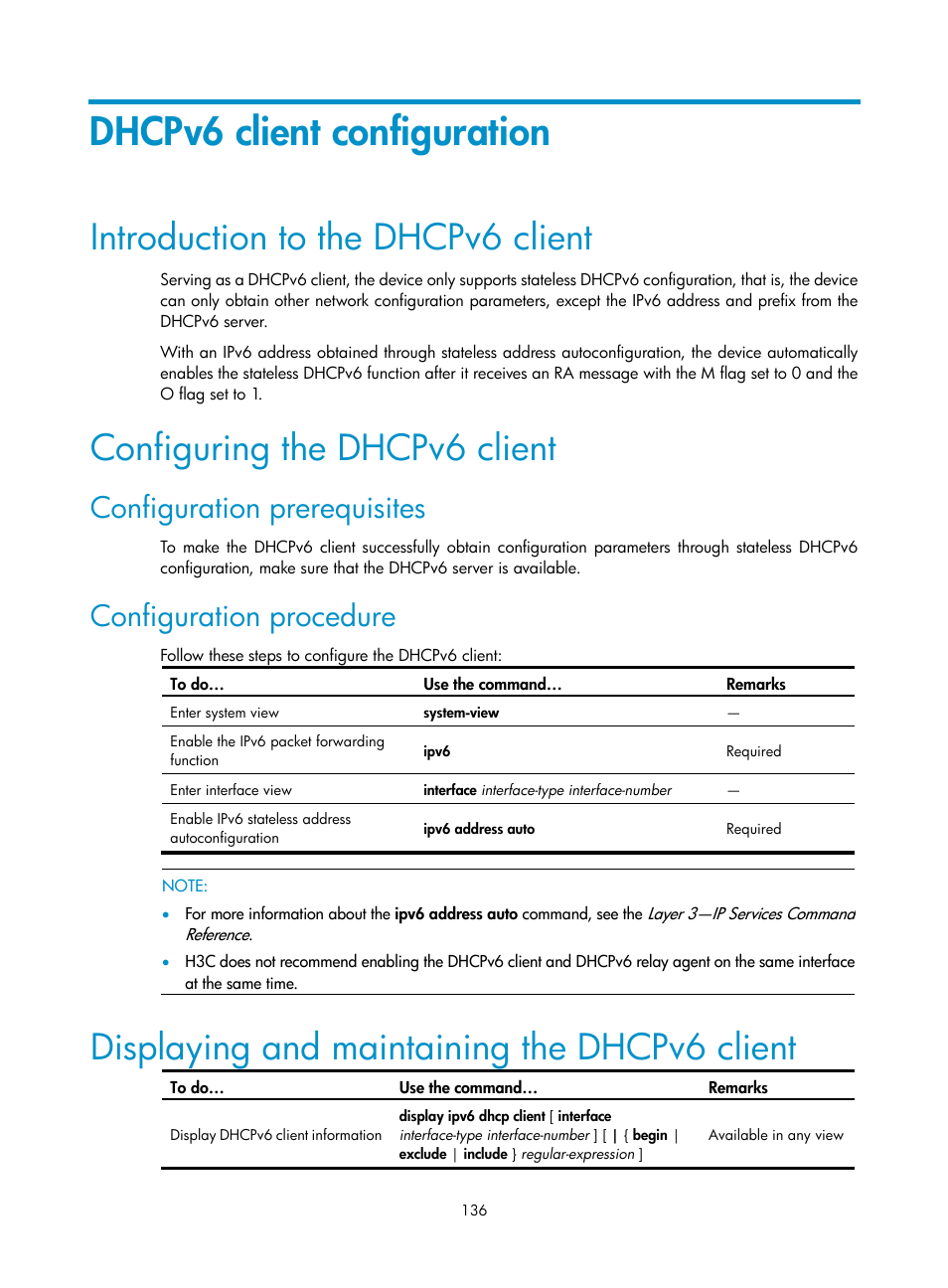 Dhcpv6 client configuration, Introduction to the dhcpv6 client, Configuring the dhcpv6 client | Configuration prerequisites, Configuration procedure, Displaying and maintaining the dhcpv6 client | H3C Technologies H3C S10500 Series Switches User Manual | Page 147 / 208