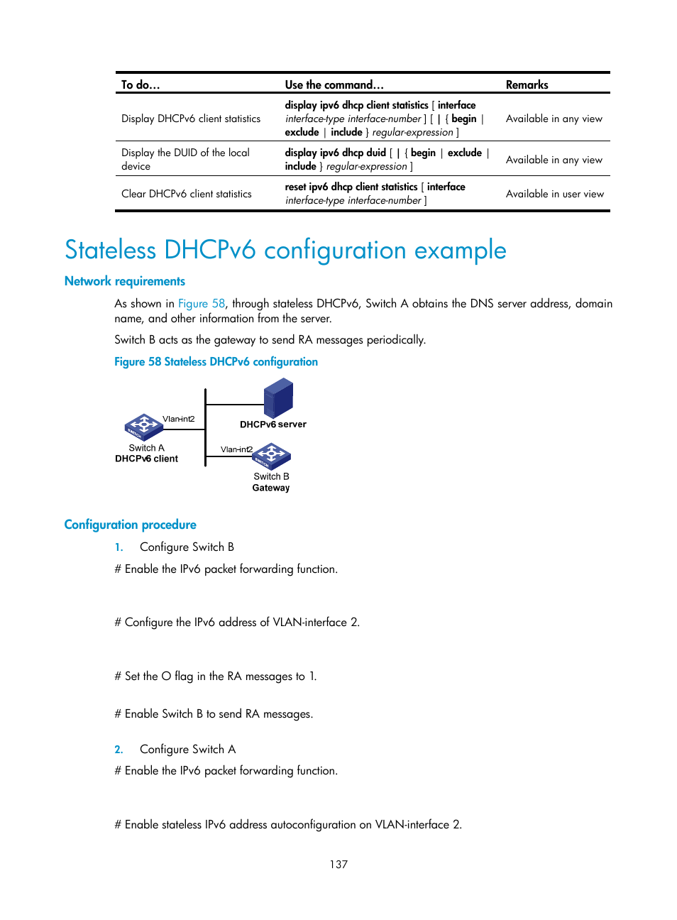 Stateless dhcpv6 configuration example, Network requirements, Configuration procedure | H3C Technologies H3C S10500 Series Switches User Manual | Page 148 / 208