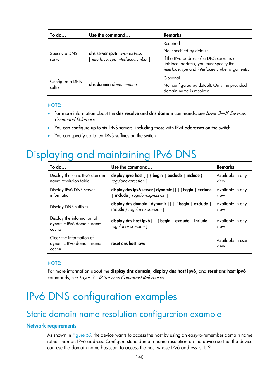 Displaying and maintaining ipv6 dns, Ipv6 dns configuration examples, Network requirements | H3C Technologies H3C S10500 Series Switches User Manual | Page 151 / 208