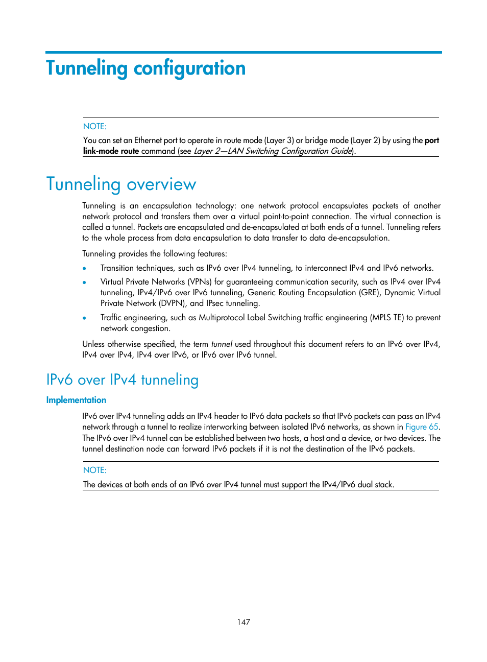 Tunneling configuration, Tunneling overview, Ipv6 over ipv4 tunneling | Implementation | H3C Technologies H3C S10500 Series Switches User Manual | Page 158 / 208