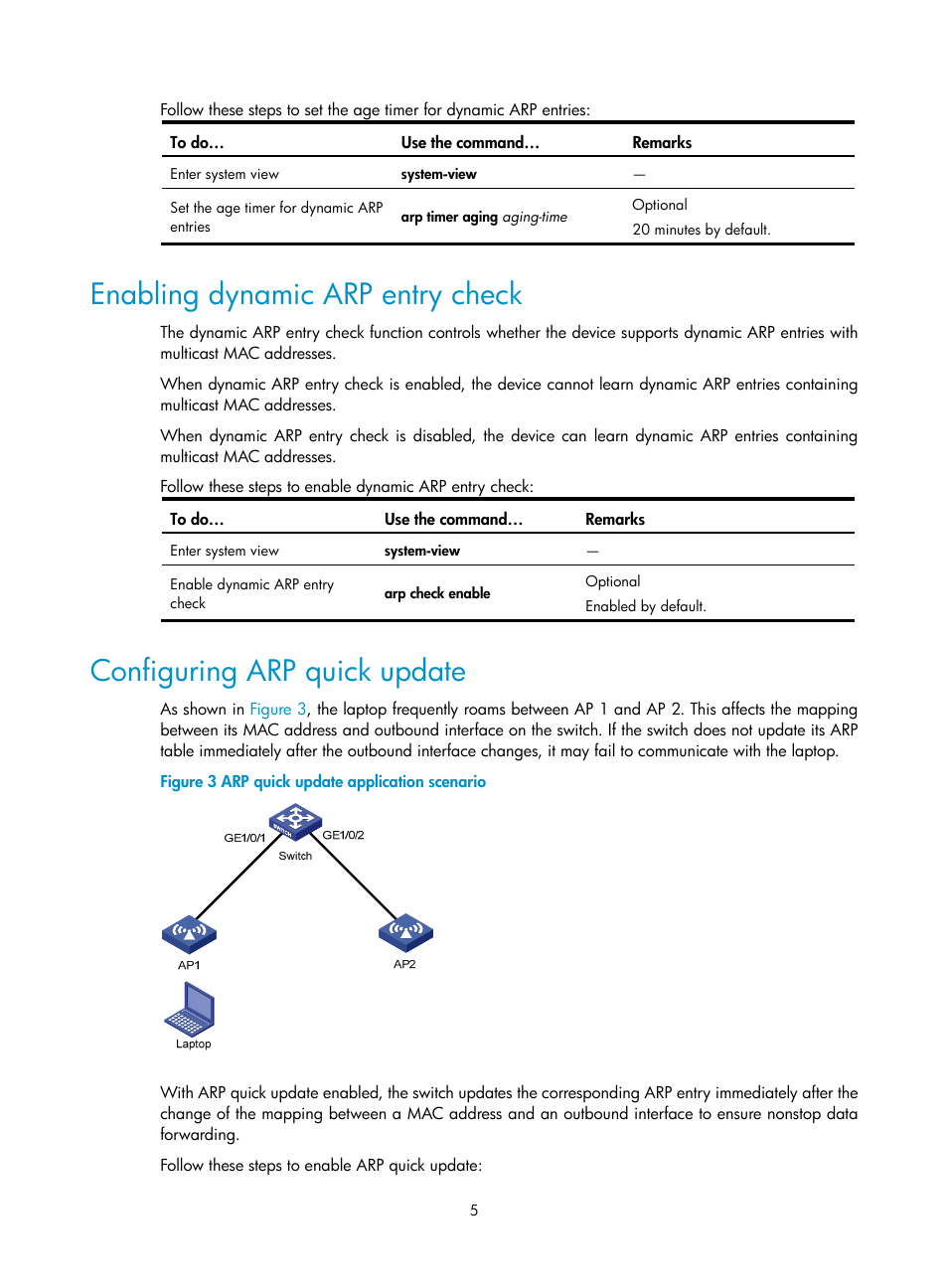 Enabling dynamic arp entry check, Configuring arp quick update | H3C Technologies H3C S10500 Series Switches User Manual | Page 16 / 208