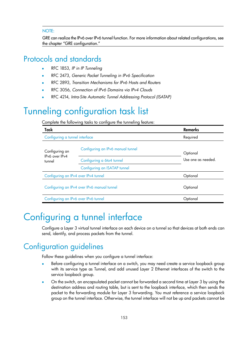 Protocols and standards, Tunneling configuration task list, Configuring a tunnel interface | Configuration guidelines | H3C Technologies H3C S10500 Series Switches User Manual | Page 164 / 208