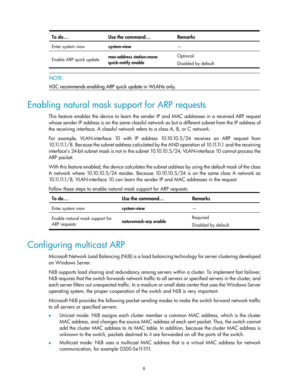 Enabling natural mask support for arp requests, Configuring multicast arp | H3C Technologies H3C S10500 Series Switches User Manual | Page 17 / 208