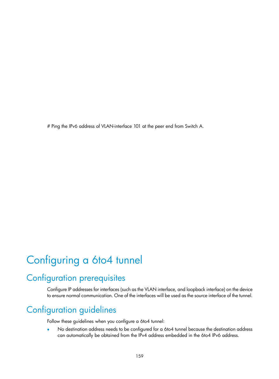 Configuring a 6to4 tunnel, Configuration prerequisites, Configuration guidelines | H3C Technologies H3C S10500 Series Switches User Manual | Page 170 / 208