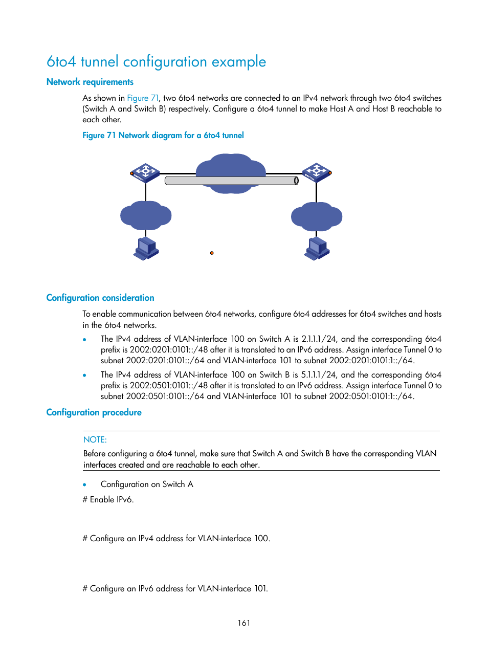 6to4 tunnel configuration example, Network requirements, Configuration consideration | Configuration procedure | H3C Technologies H3C S10500 Series Switches User Manual | Page 172 / 208