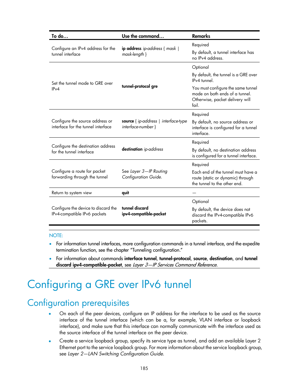 Configuring a gre over ipv6 tunnel, Configuration prerequisites | H3C Technologies H3C S10500 Series Switches User Manual | Page 196 / 208