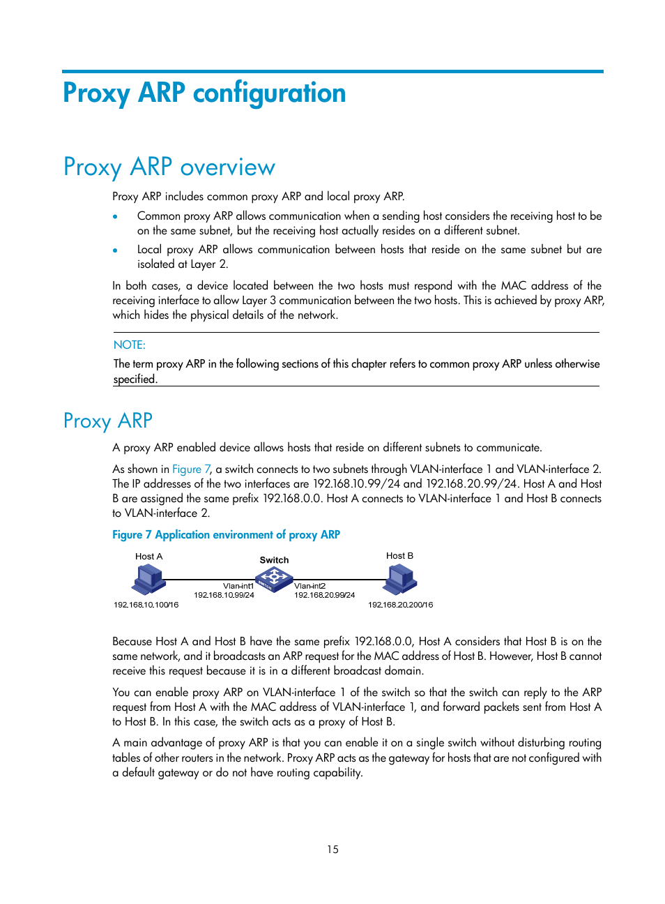 Proxy arp configuration, Proxy arp overview, Proxy arp | H3C Technologies H3C S10500 Series Switches User Manual | Page 26 / 208