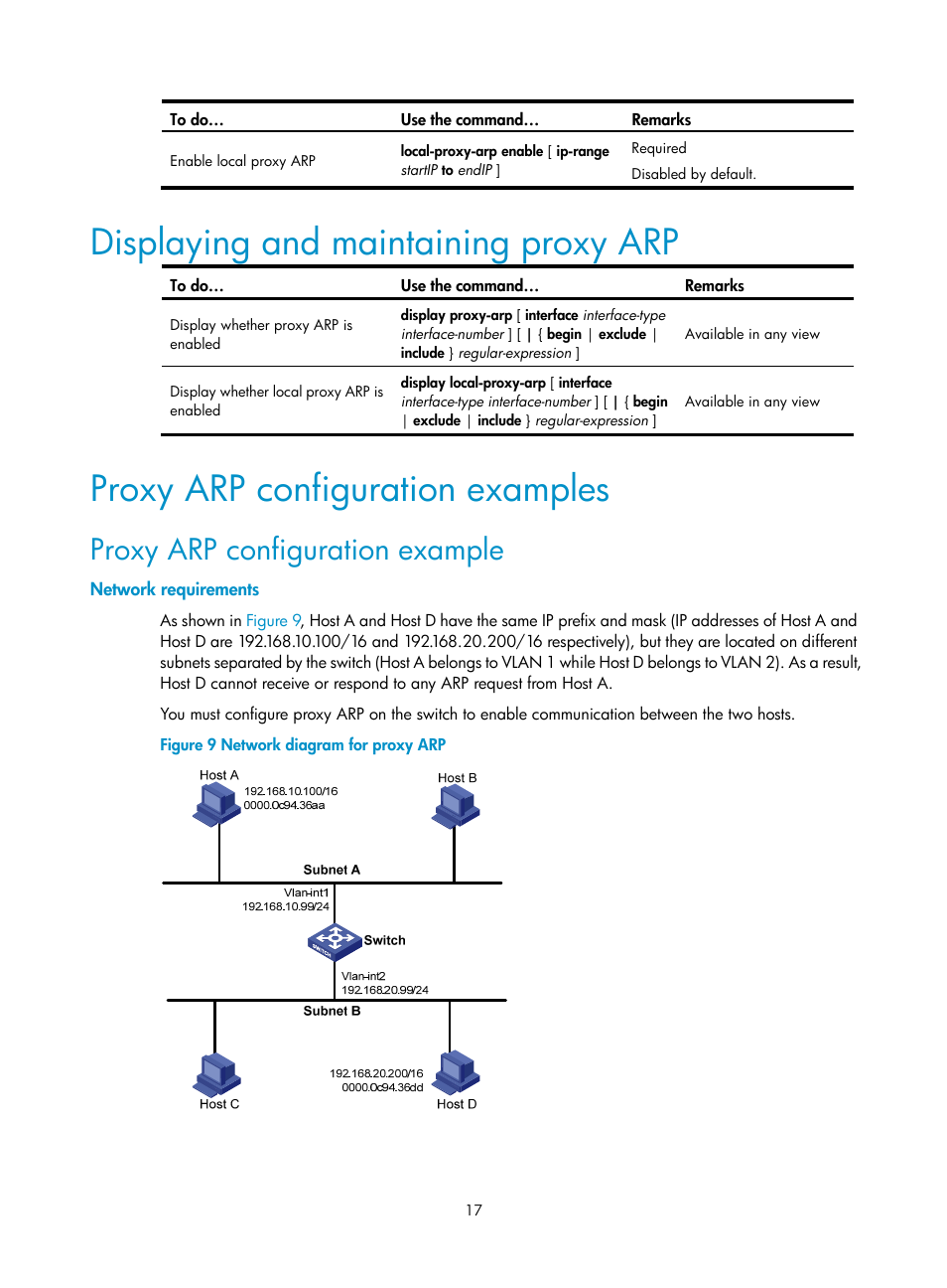Displaying and maintaining proxy arp, Proxy arp configuration examples, Proxy arp configuration example | Network requirements | H3C Technologies H3C S10500 Series Switches User Manual | Page 28 / 208