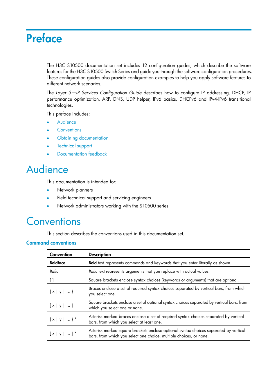 Preface, Audience, Conventions | Command conventions | H3C Technologies H3C S10500 Series Switches User Manual | Page 3 / 208