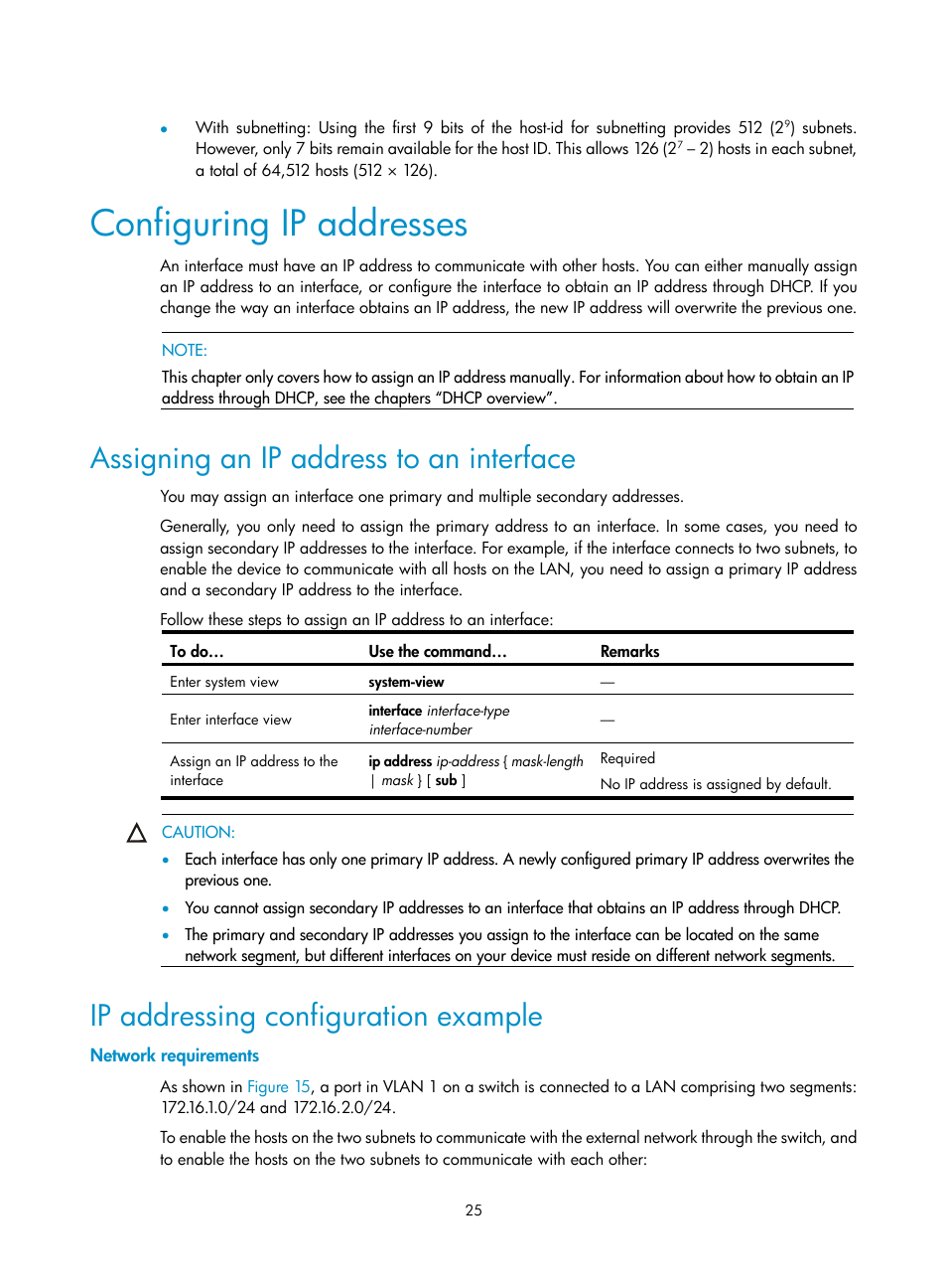 Configuring ip addresses, Assigning an ip address to an interface, Ip addressing configuration example | Network requirements | H3C Technologies H3C S10500 Series Switches User Manual | Page 36 / 208