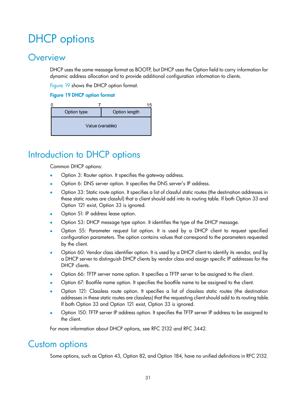 Dhcp options, Overview, Introduction to dhcp options | Custom options | H3C Technologies H3C S10500 Series Switches User Manual | Page 42 / 208