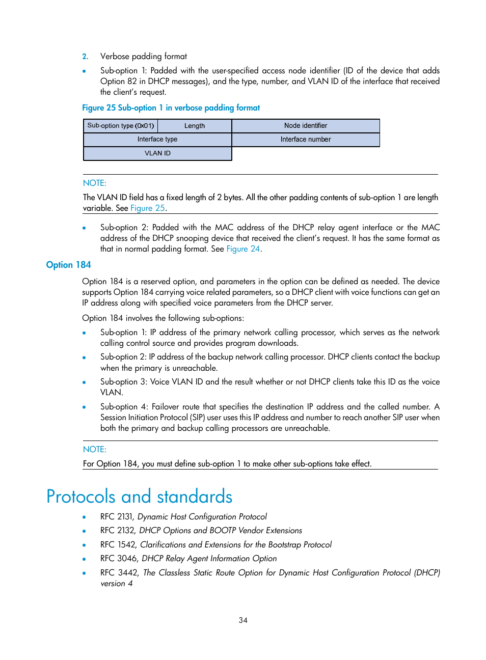 Option 184, Protocols and standards | H3C Technologies H3C S10500 Series Switches User Manual | Page 45 / 208