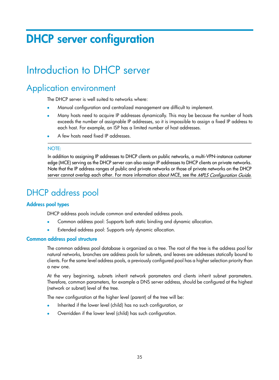 Dhcp server configuration, Introduction to dhcp server, Application environment | Dhcp address pool, Address pool types, Common address pool structure | H3C Technologies H3C S10500 Series Switches User Manual | Page 46 / 208