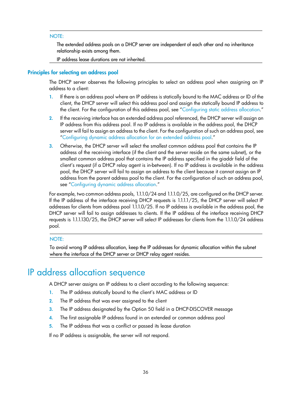 Principles for selecting an address pool, Ip address allocation sequence | H3C Technologies H3C S10500 Series Switches User Manual | Page 47 / 208