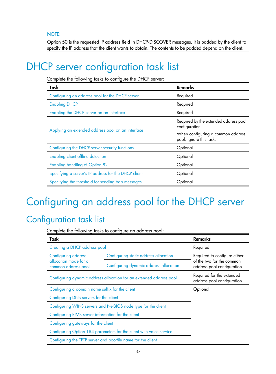 Dhcp server configuration task list, Configuring an address pool for the dhcp server, Configuration task list | H3C Technologies H3C S10500 Series Switches User Manual | Page 48 / 208