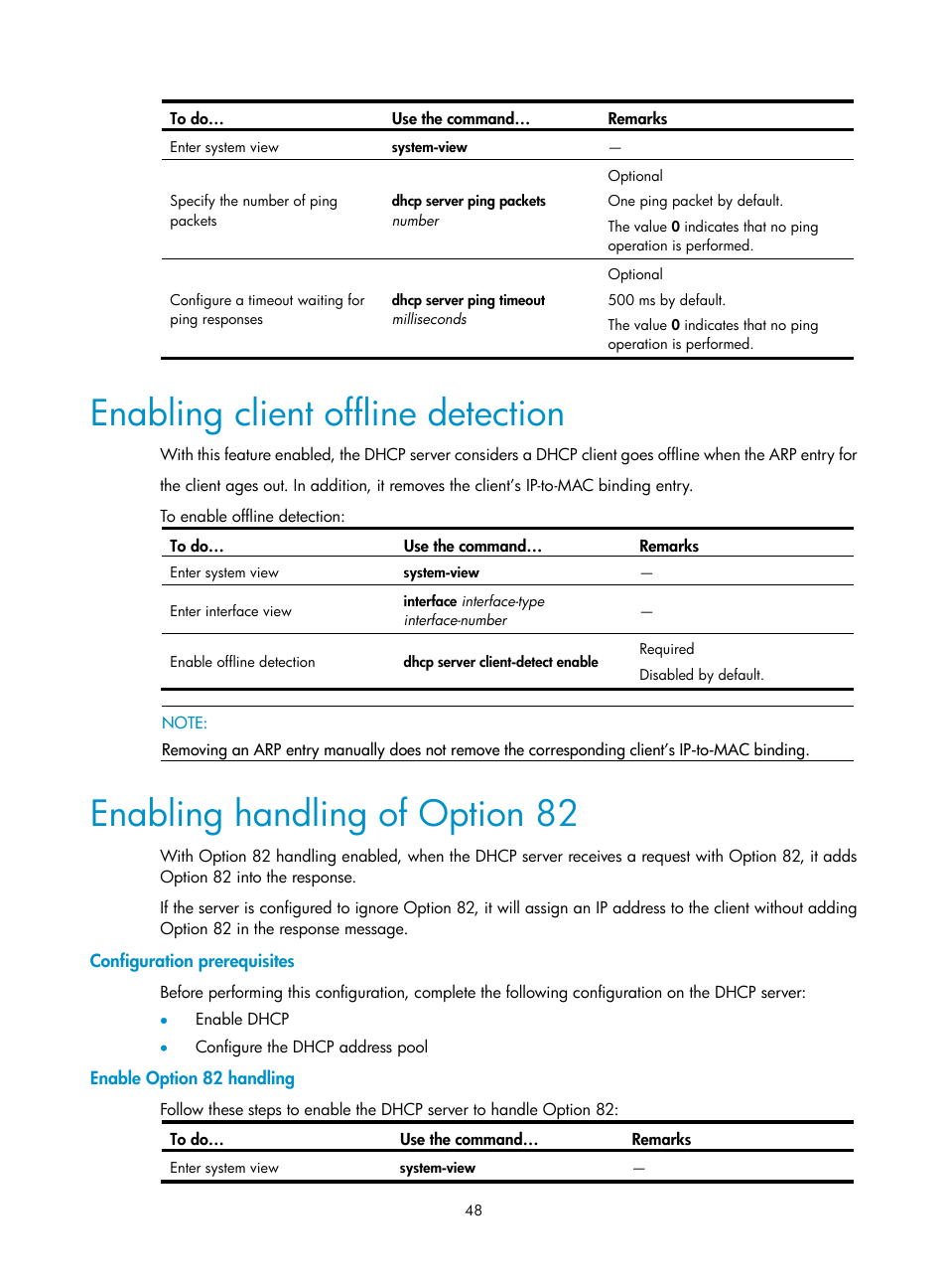 Enabling client offline detection, Enabling handling of option 82, Configuration prerequisites | Enable option 82 handling | H3C Technologies H3C S10500 Series Switches User Manual | Page 59 / 208