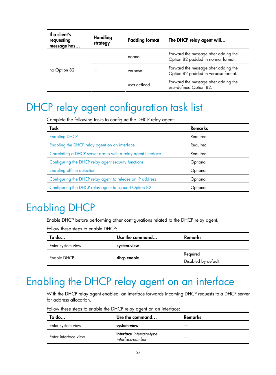 Dhcp relay agent configuration task list, Enabling dhcp, Enabling the dhcp relay agent on an interface | H3C Technologies H3C S10500 Series Switches User Manual | Page 68 / 208