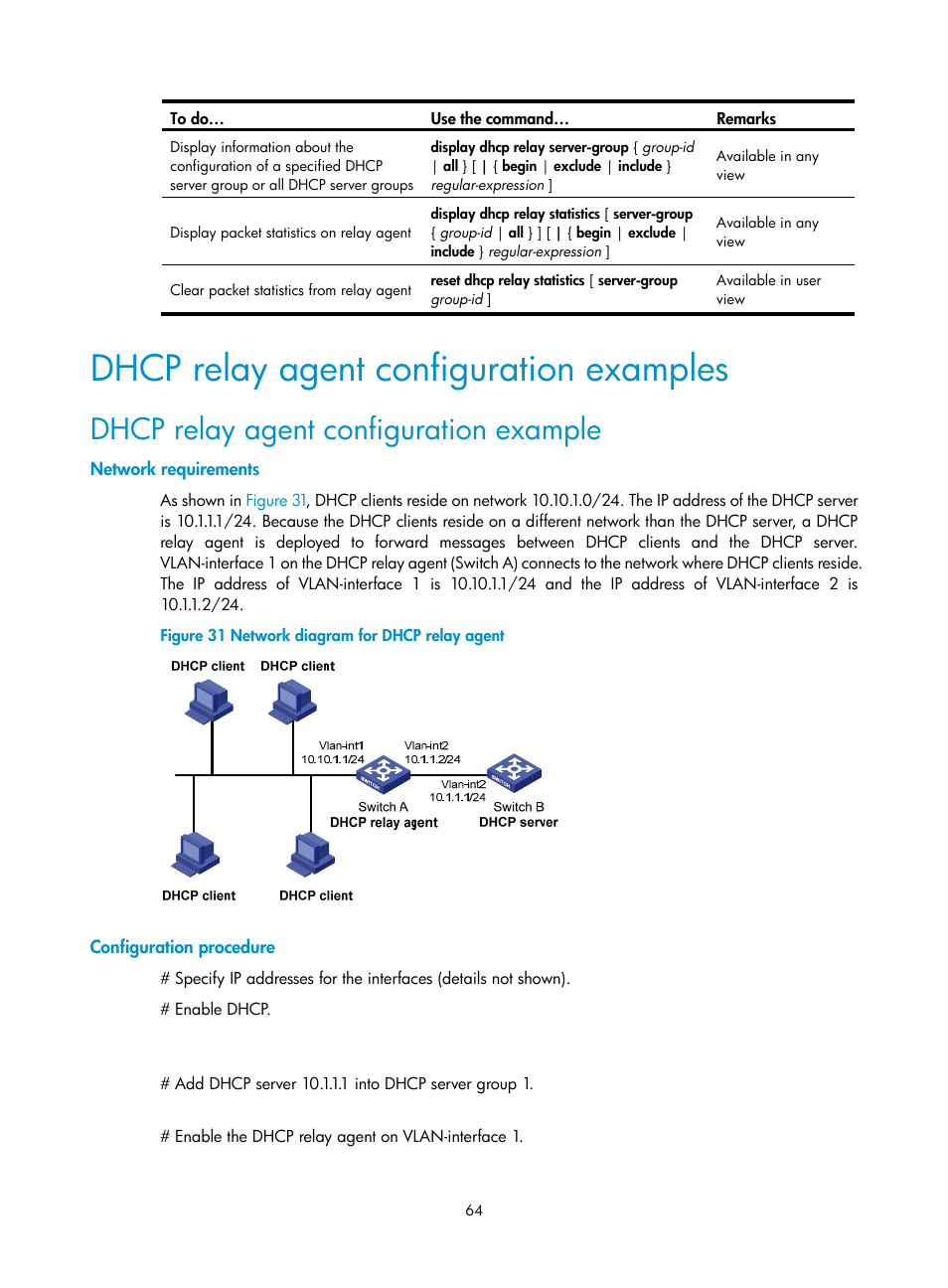 Dhcp relay agent configuration examples, Dhcp relay agent configuration example, Network requirements | Configuration procedure | H3C Technologies H3C S10500 Series Switches User Manual | Page 75 / 208