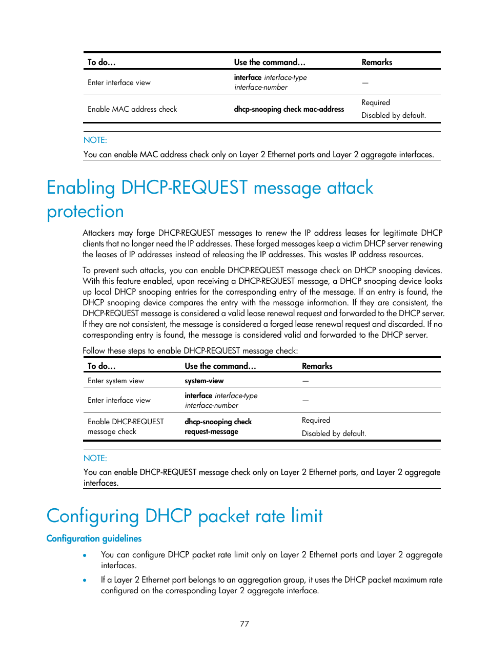 Enabling dhcp-request message attack protection, Configuring dhcp packet rate limit, Configuration guidelines | H3C Technologies H3C S10500 Series Switches User Manual | Page 88 / 208