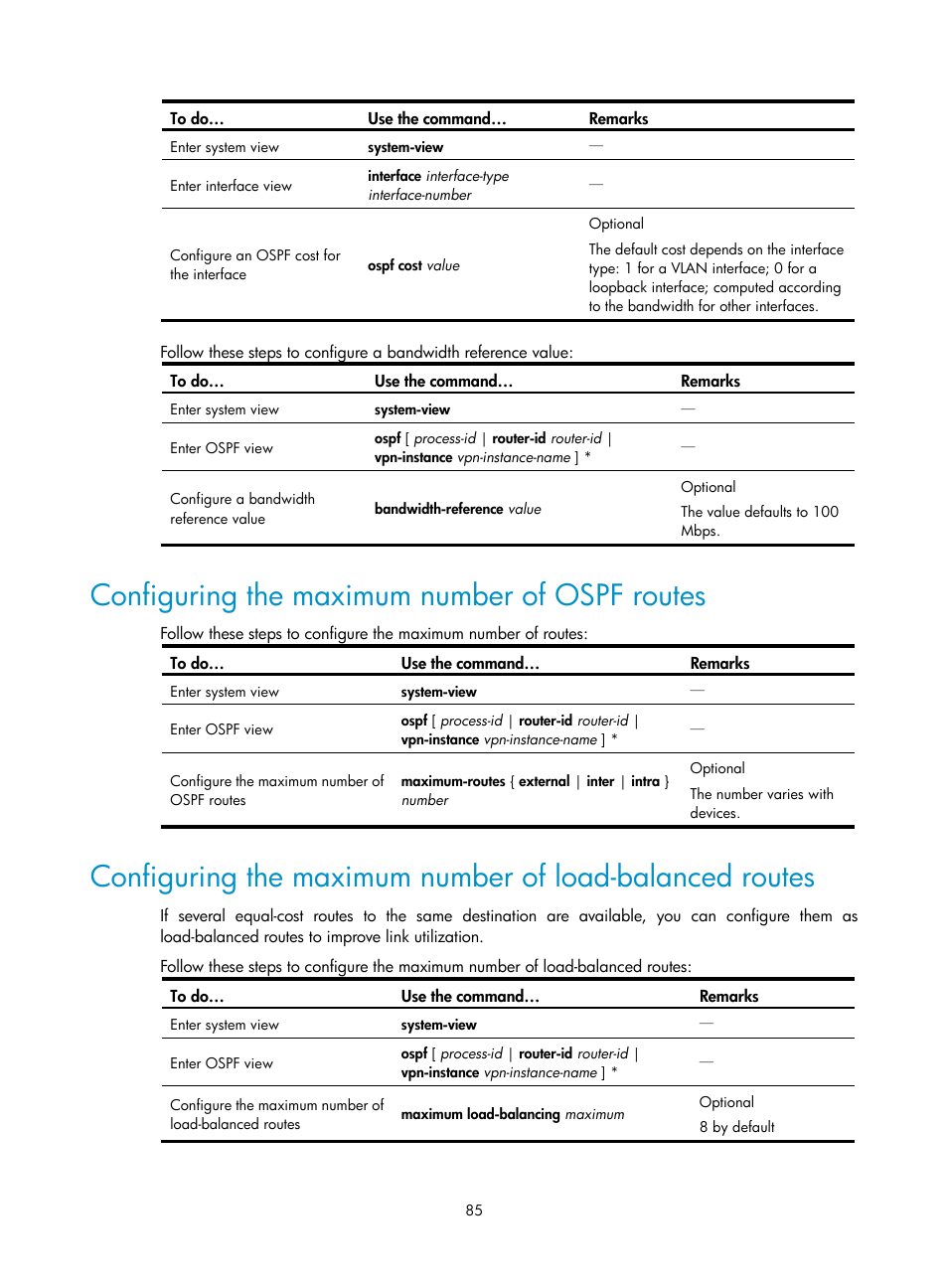 Configuring the maximum number of ospf routes | H3C Technologies H3C S10500 Series Switches User Manual | Page 100 / 397