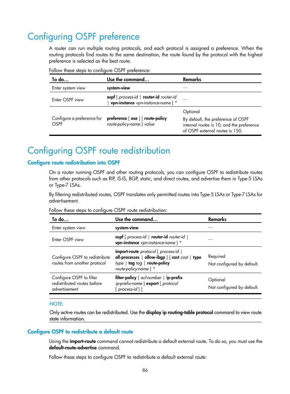 Configuring ospf preference, Configuring ospf route redistribution, Configure route redistribution into ospf | Configure ospf to redistribute a default route | H3C Technologies H3C S10500 Series Switches User Manual | Page 101 / 397