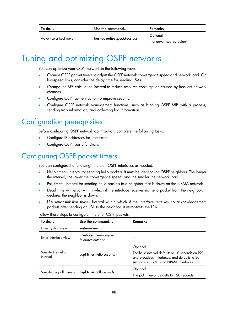 Tuning and optimizing ospf networks, Configuration prerequisites, Configuring ospf packet timers | H3C Technologies H3C S10500 Series Switches User Manual | Page 103 / 397