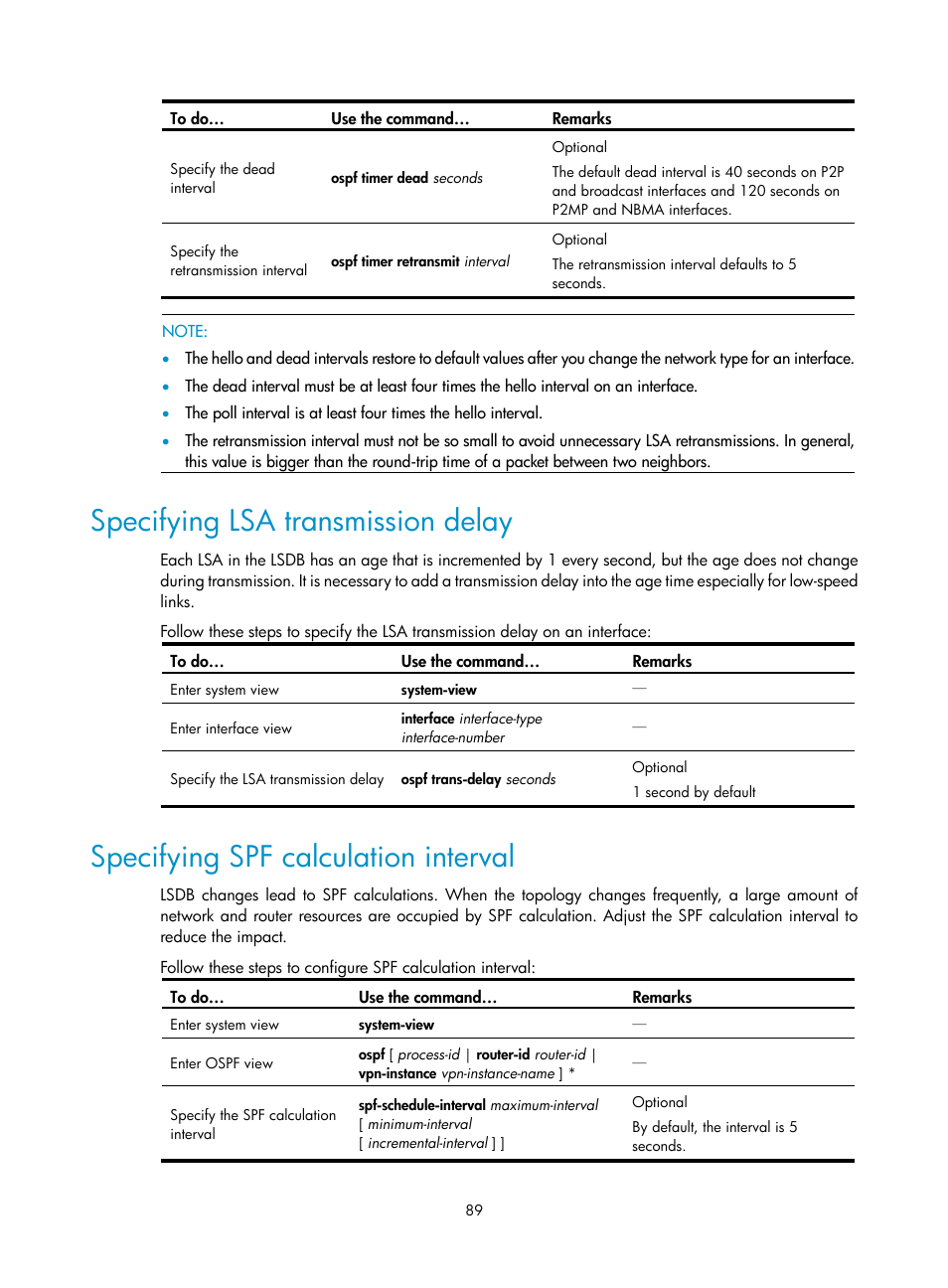 Specifying lsa transmission delay, Specifying spf calculation interval | H3C Technologies H3C S10500 Series Switches User Manual | Page 104 / 397