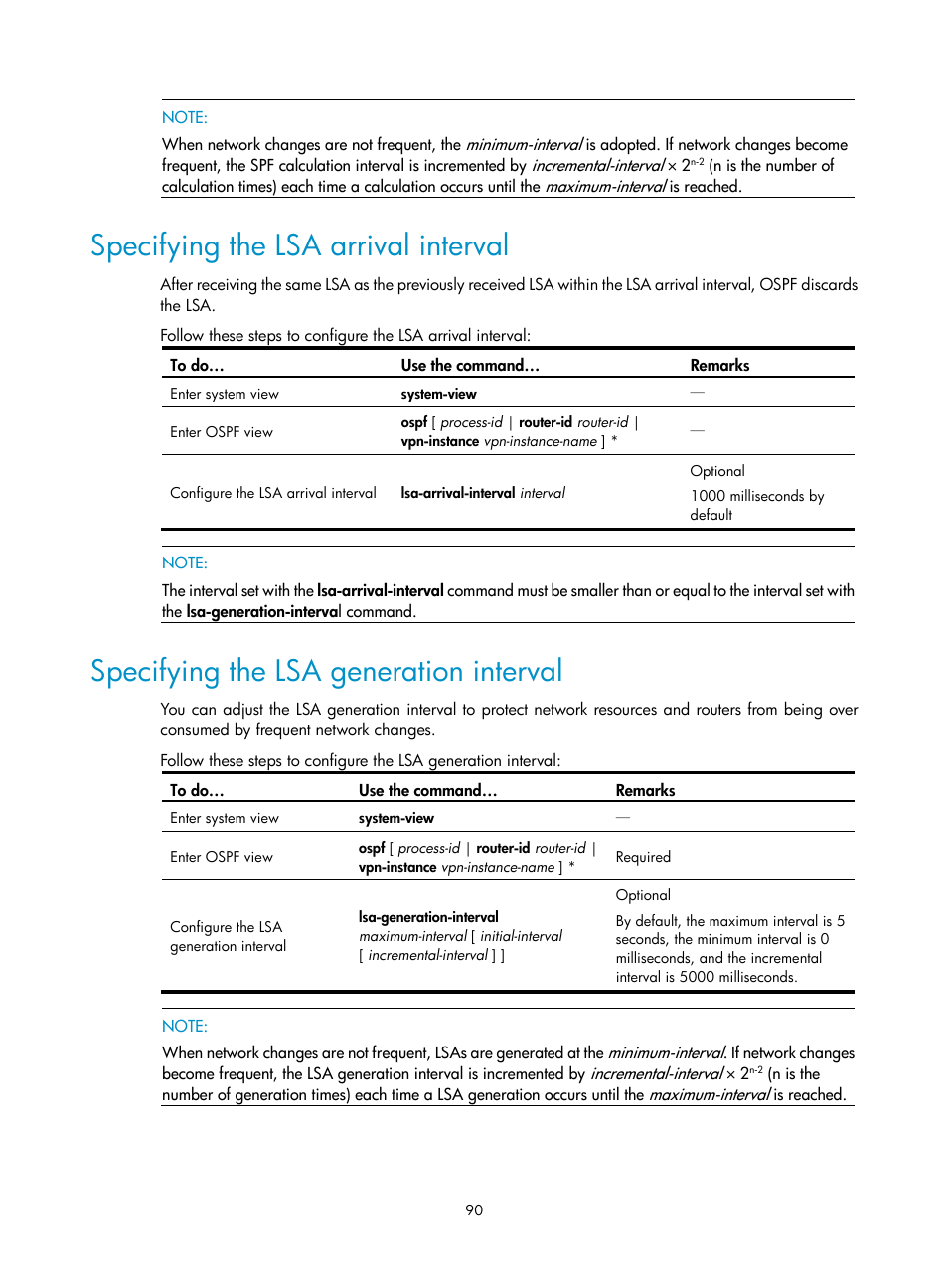 Specifying the lsa arrival interval, Specifying the lsa generation interval | H3C Technologies H3C S10500 Series Switches User Manual | Page 105 / 397