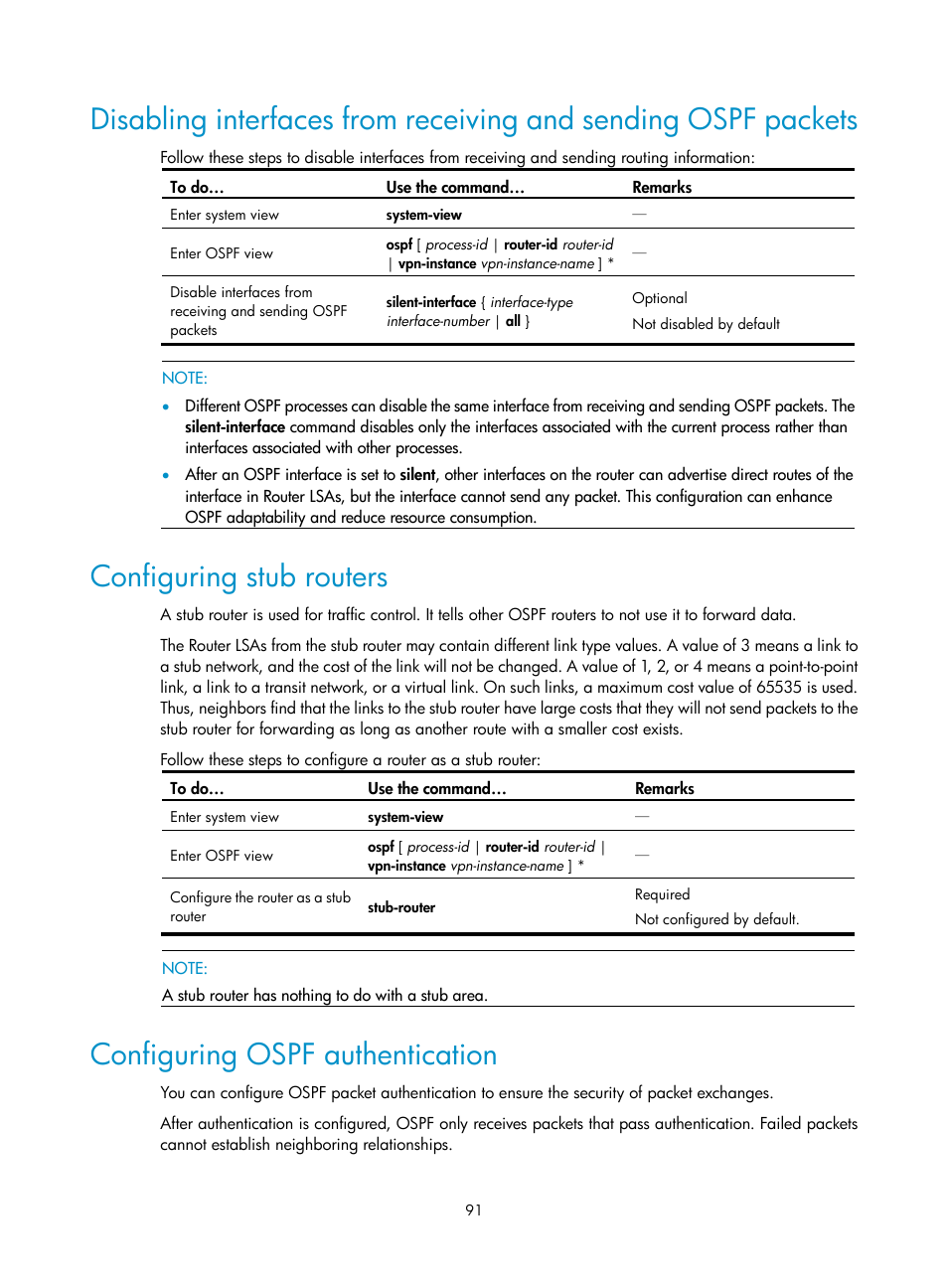 Configuring stub routers, Configuring ospf authentication | H3C Technologies H3C S10500 Series Switches User Manual | Page 106 / 397