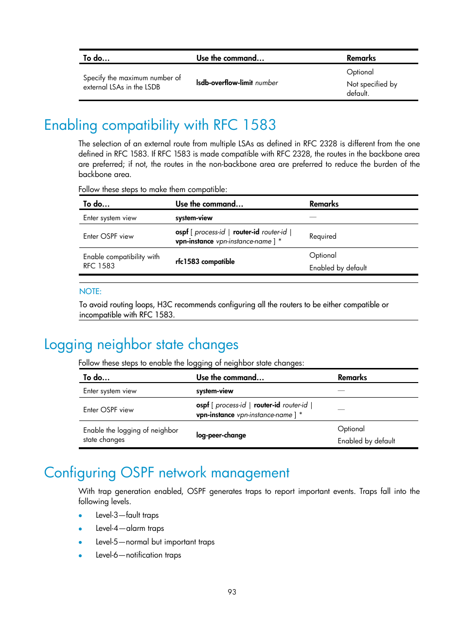 Enabling compatibility with rfc 1583, Logging neighbor state changes, Configuring ospf network management | H3C Technologies H3C S10500 Series Switches User Manual | Page 108 / 397
