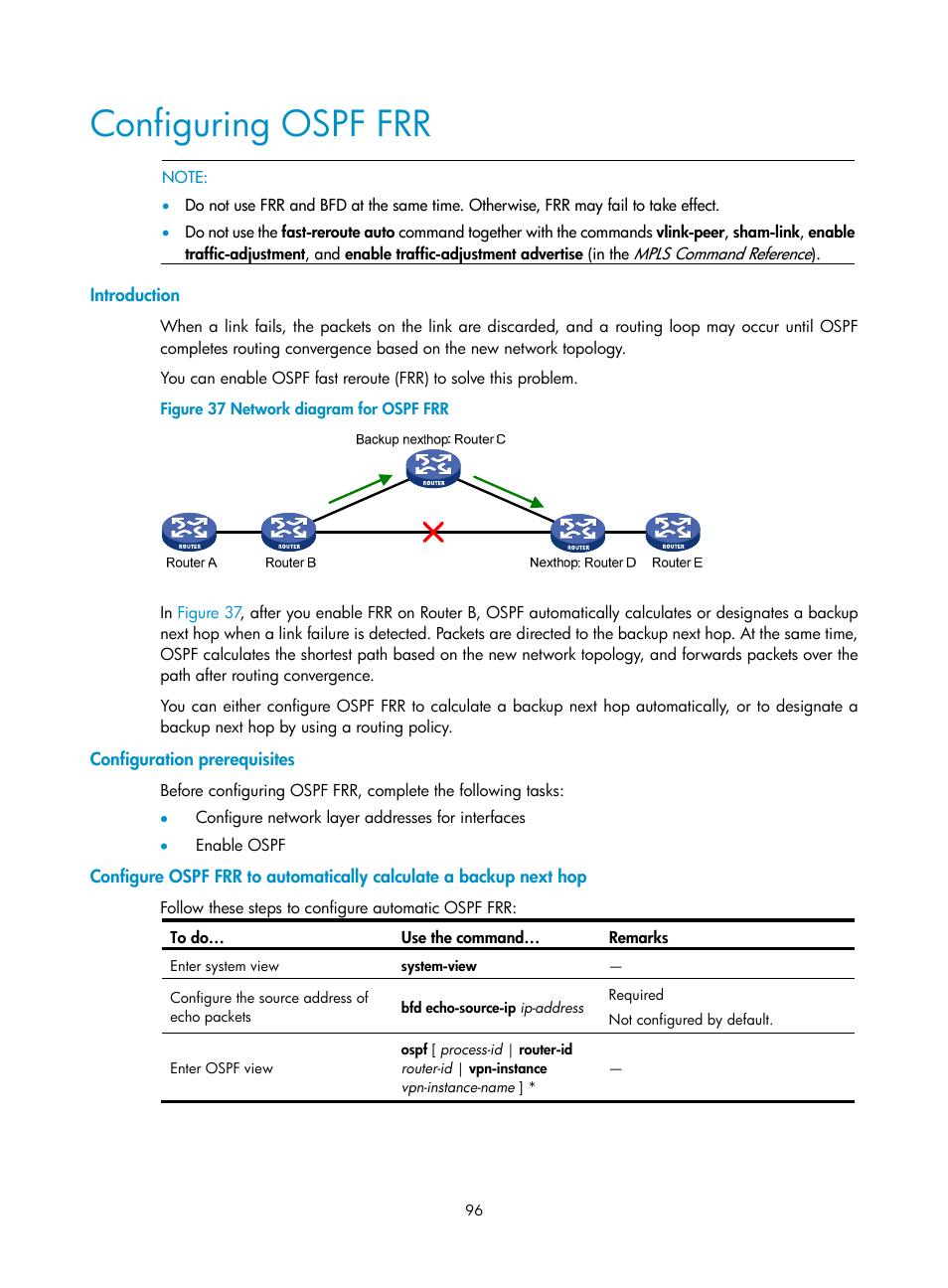 Configuring ospf frr, Introduction, Configuration prerequisites | H3C Technologies H3C S10500 Series Switches User Manual | Page 111 / 397