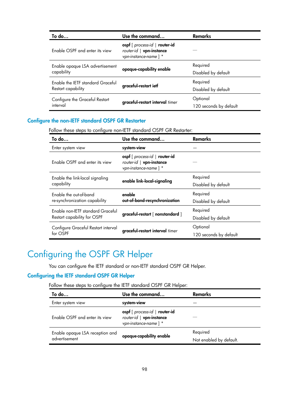 Configure the non-ietf standard ospf gr restarter, Configuring the ospf gr helper, Configuring the ietf standard ospf gr helper | H3C Technologies H3C S10500 Series Switches User Manual | Page 113 / 397