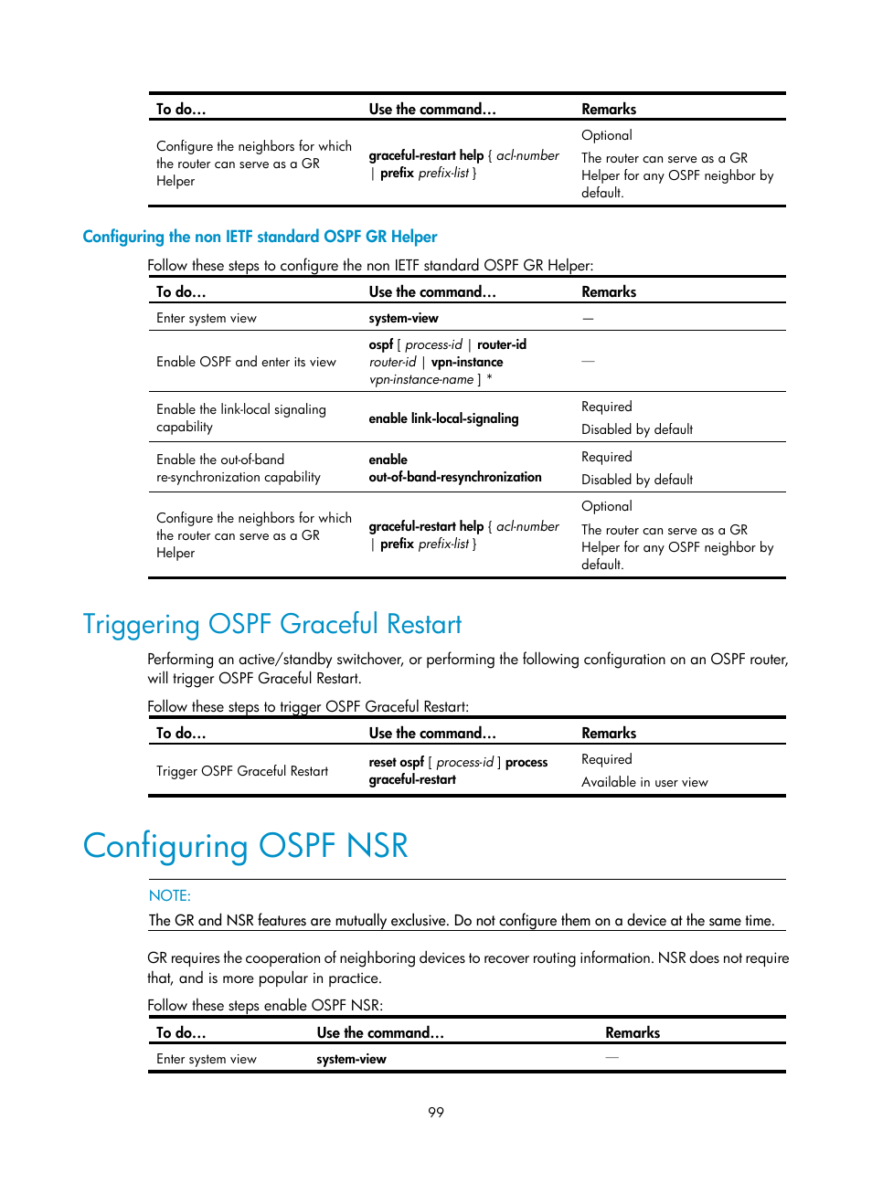 Configuring the non ietf standard ospf gr helper, Triggering ospf graceful restart, Configuring ospf nsr | H3C Technologies H3C S10500 Series Switches User Manual | Page 114 / 397